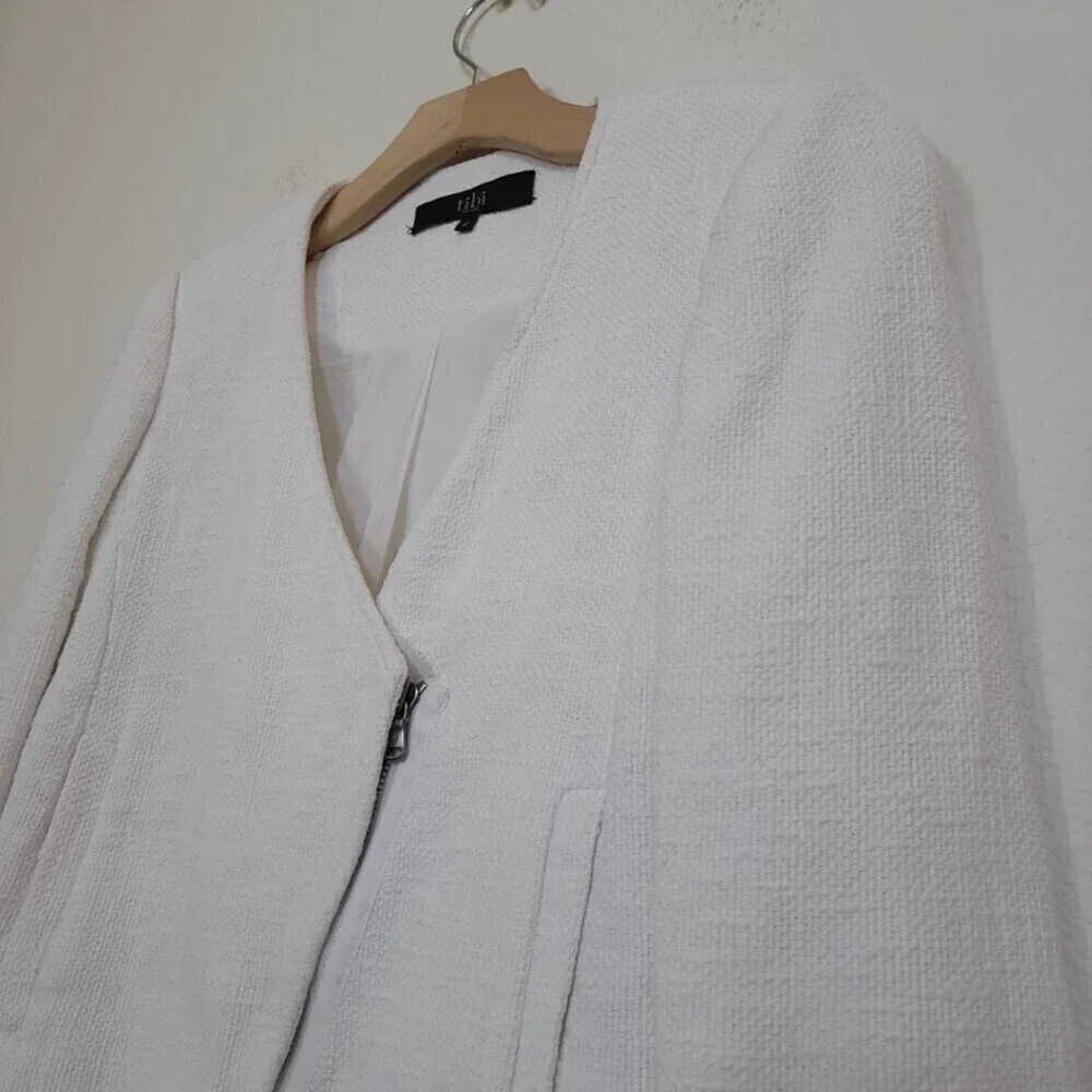 TIBI NY 100% Cotton Cropped Asymmetrical Knit Moto Jacket White 6 Quirt Luxury